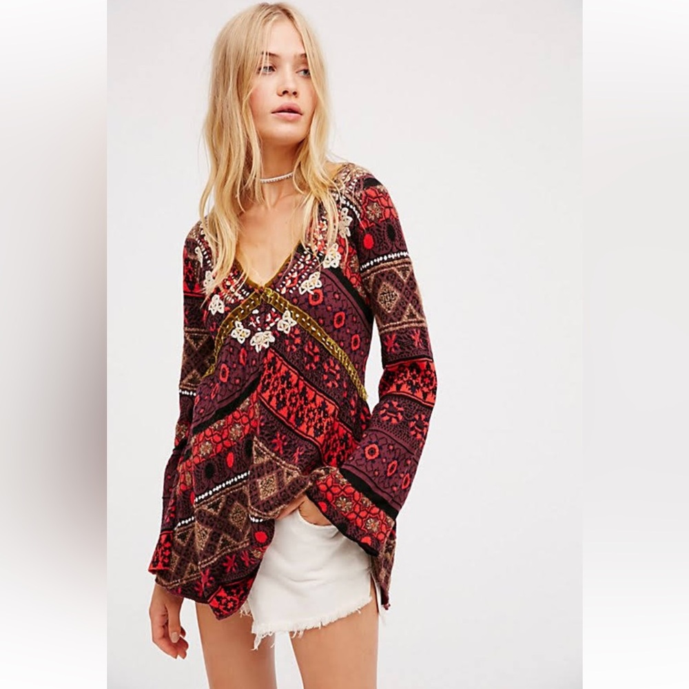 RARE Vintage Free People multi pattern boho sweater knit tunic